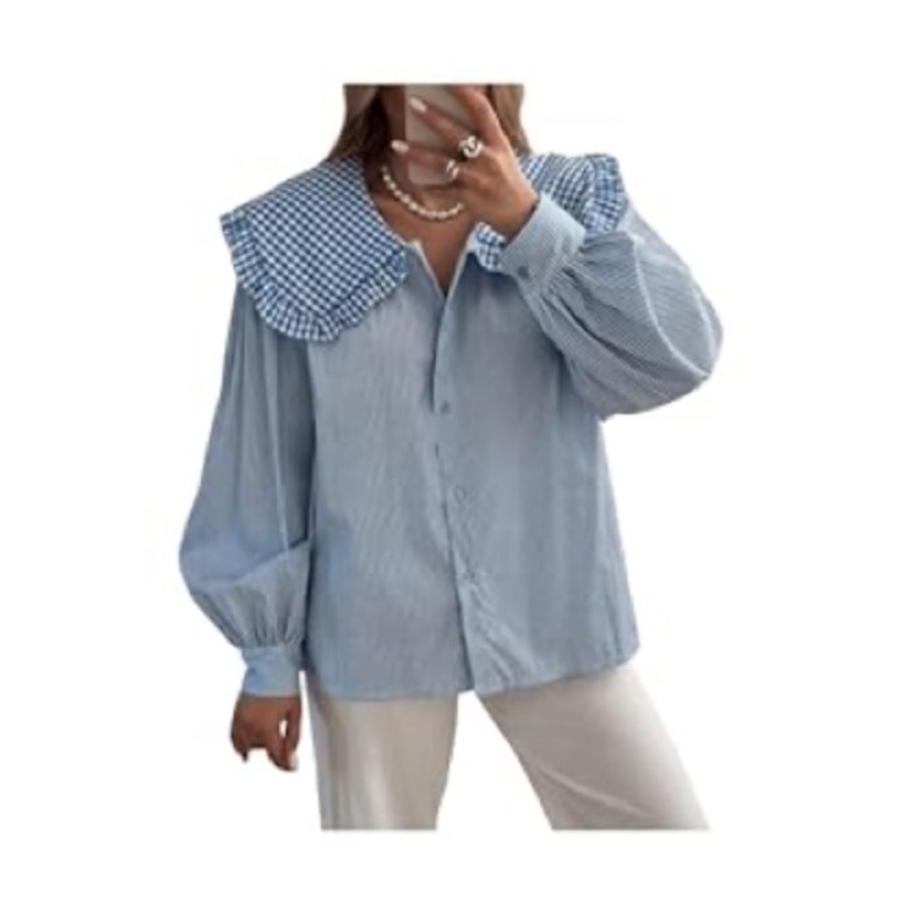 Light Blue Striped Button-Down Top with Gingham Collar